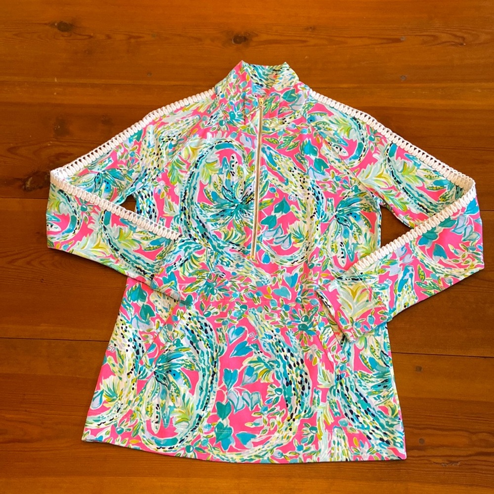 Lilly Pulitzer Pink Multi Floral Half-Zip Pullover with Crochet Trim